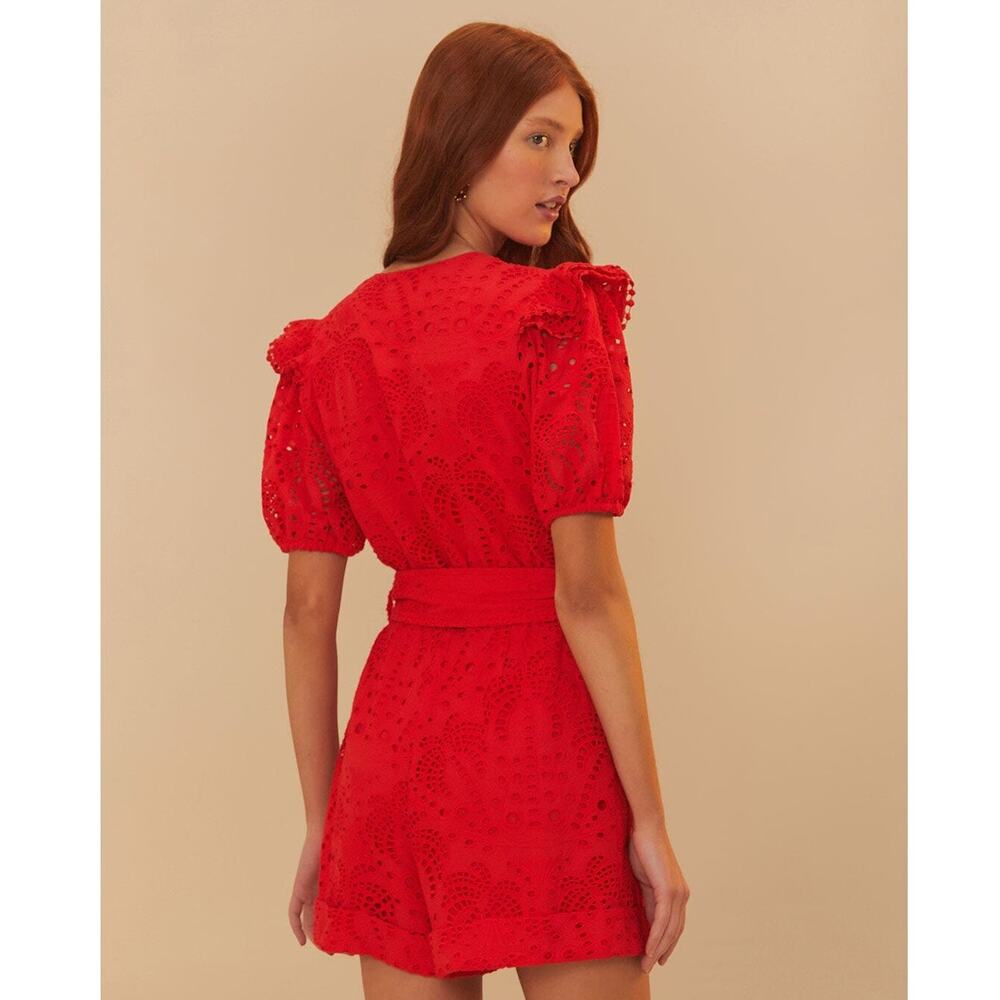 FARM RIO Women's Red Eyelet Beaded Belt Romper Size S - Picture 2 of 13